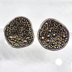 Vintage Round Sterling Silver Pave' Marcasite Wavy Elegant Stud Pierced Earrings